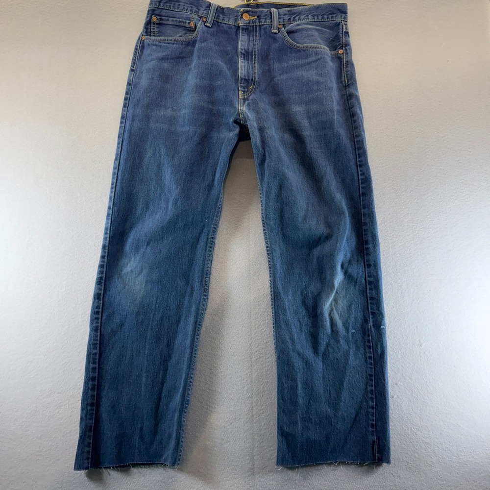 Levis 505 Regular Fit Straight Leg Jeans Mens 36x29 Blue Denim Cut Raw Hem 597